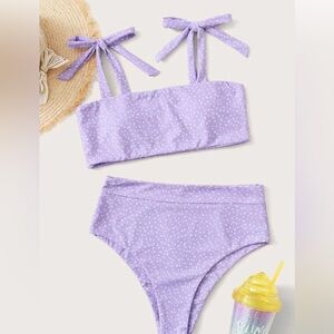Shein Polka Dot Tie Shoulder High Waisted Bikini Light Purple Small